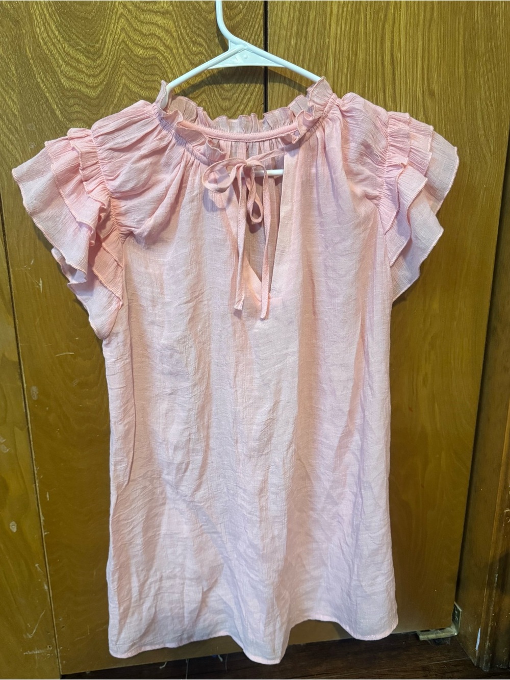 Women’s Pink Ruffle-Sleeve Tie-Neck Blouse